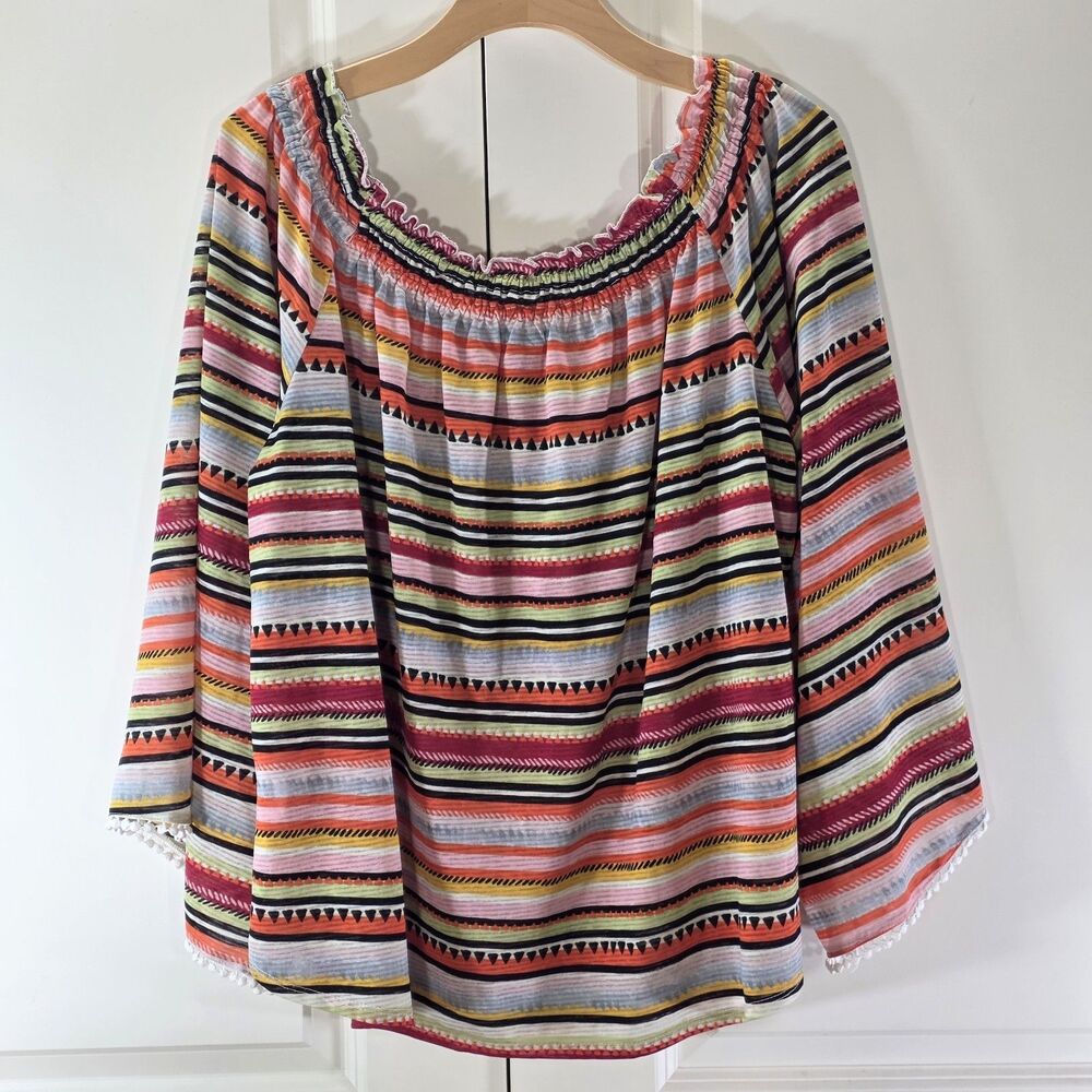 New Directions Boho Peasant Top L Bell Sleeve Festival Aztec Stripe Resort - Picture 4 of 9